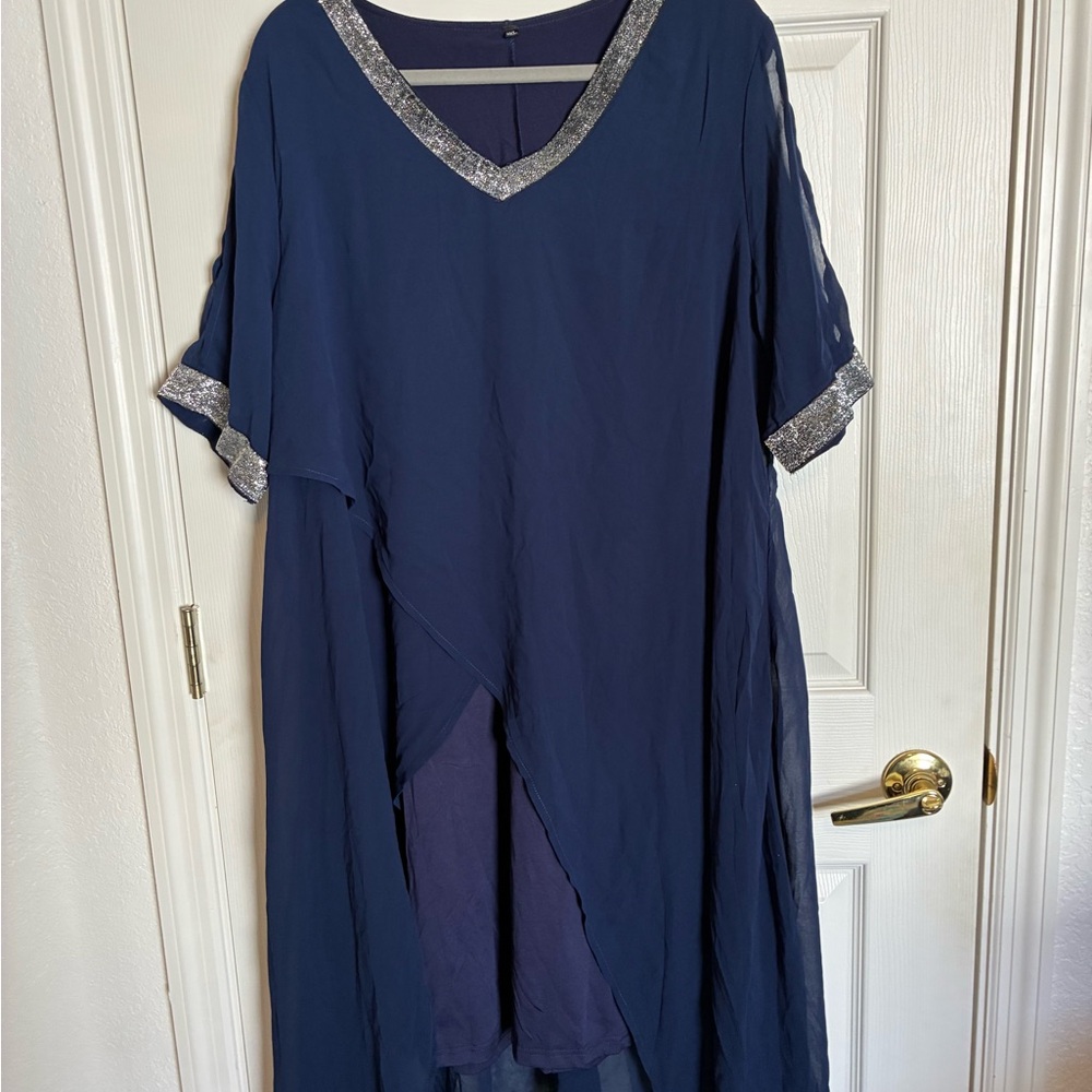 Flowy Navy Blue Dress with Silver Trim